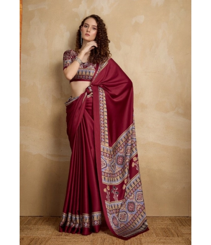 Generic Women's Satin Crepe Printed Saree With Unstitched Blouse 5.5Mtr (Maroon)
