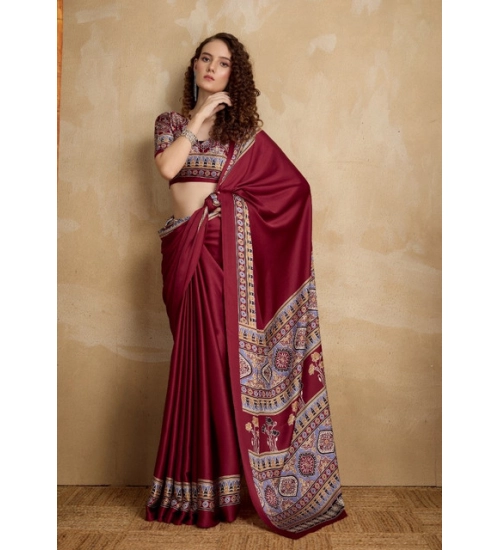 Generic Women's Satin Crepe Printed Saree With Unstitched Blouse 5.5Mtr (Maroon) Generic Women's Satin Crepe Printed Saree With Unstitched Blouse 5.5Mtr (Maroon)