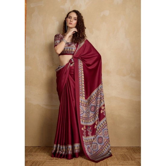 Generic Women's Satin Crepe Printed Saree With Unstitched Blouse 5.5Mtr (Maroon)