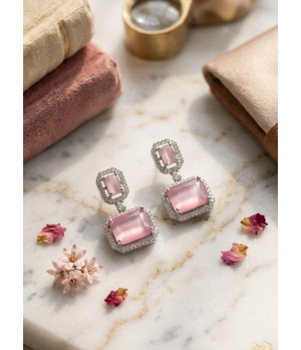 Generic Women's Brass Silver Plated Drop Earrings (Pink)