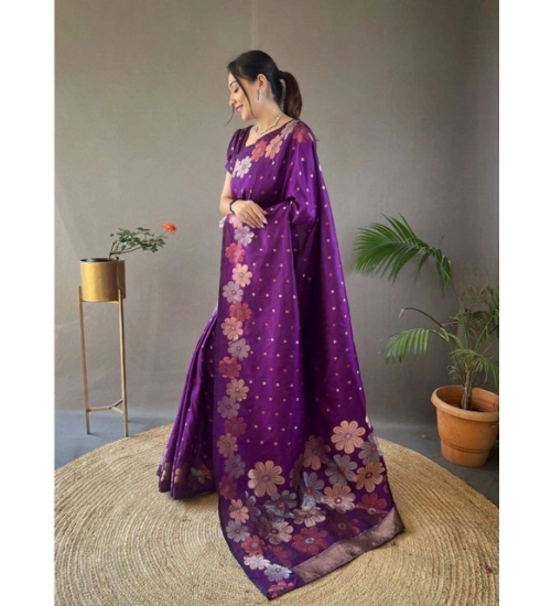 Generic Women's Soft Litchi Silk Jacquard Work Saree With Unstitched Blouse 5.5Mtr (Purple)