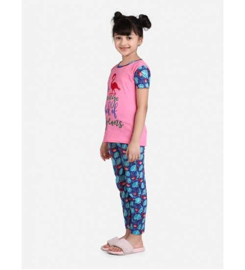 Generic Girl's Cotton Hosiery Printed Night Suit Set (Pink-Blue)