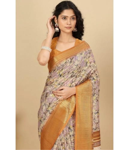 Generic Women's Cotton Silk Floral Printed Saree With Unstitched Blouse 5.5Mtr (Lavender)