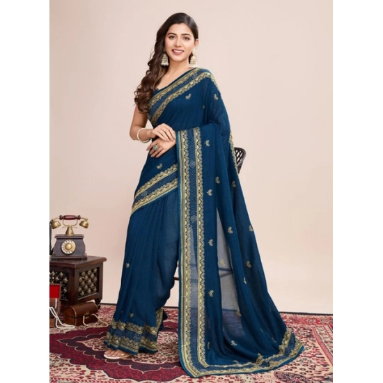 Generic Women's Vichitra Silk Embroidery Work Saree With Unstitched Blouse 5.5Mtr (Teal)