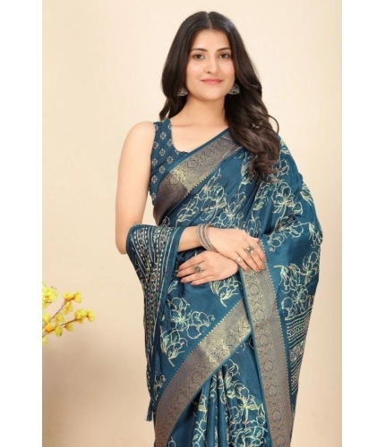 Generic Women's Cotton Silk Floral Printed Saree With Unstitched Blouse 5.5Mtr (Blue)