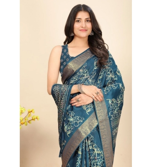 Generic Women's Cotton Silk Floral Printed Saree With Unstitched Blouse 5.5Mtr (Blue)