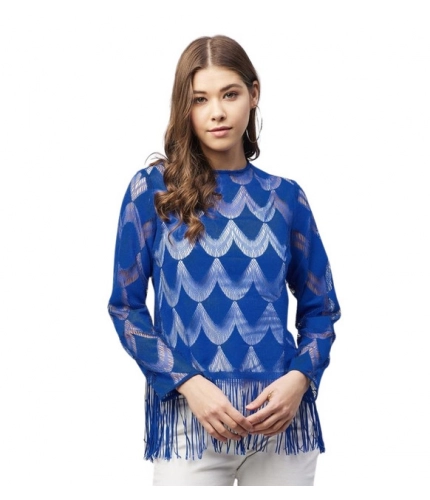Generic Women's Lace Self Design Long Sleeves Top (Blue)