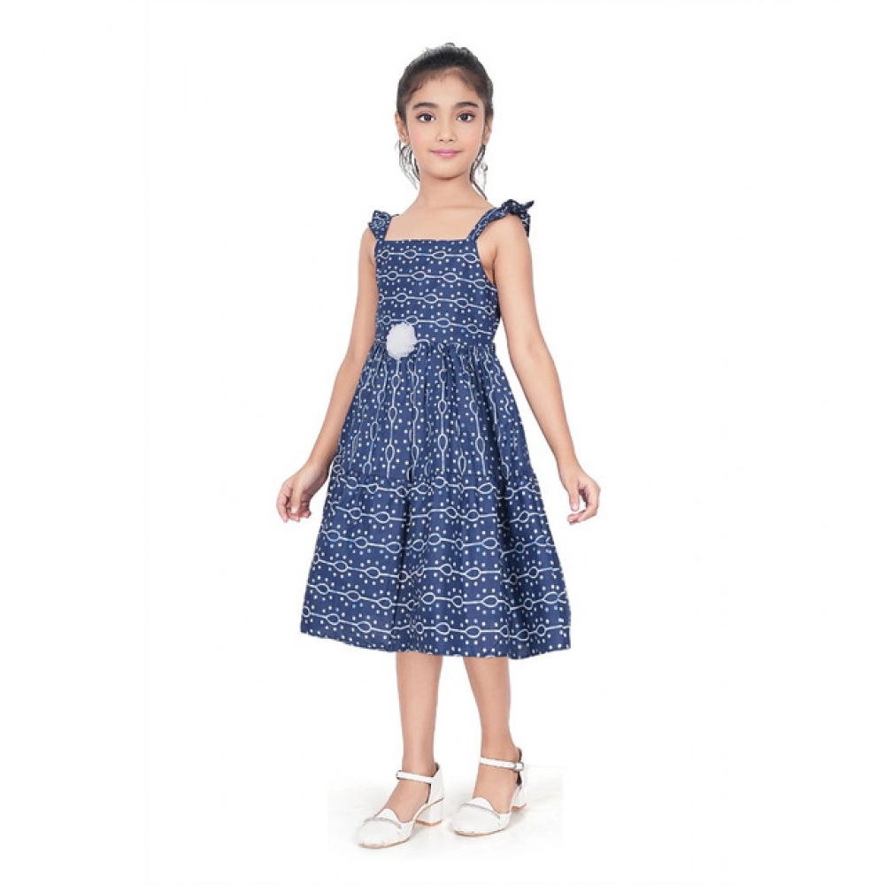 Generic Girl's Cotton Printed Sleeve Less Squre Neck Dress (Navy Blue)