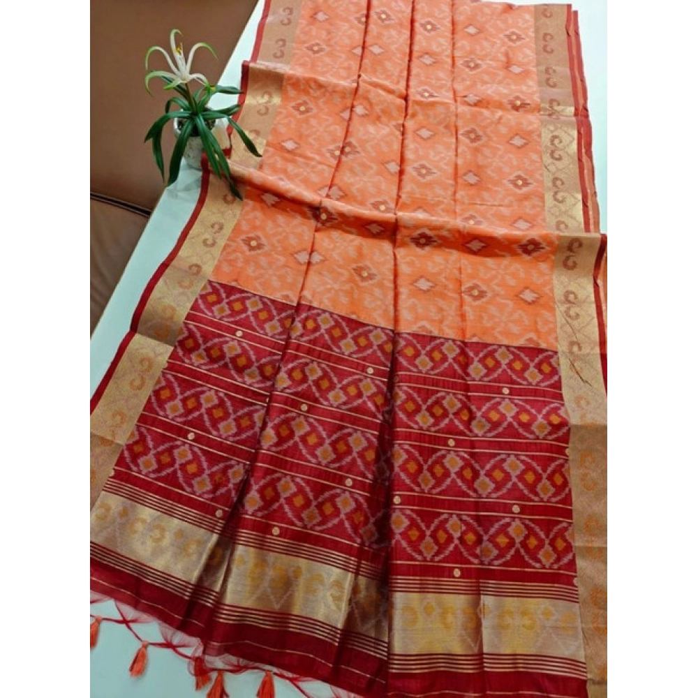 Women's Raw Silk Ikkat Saree With Unstitched Blouse 5.5Mtr (Peach)