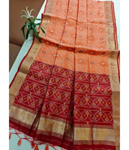 Generic Women's Raw Silk Ikkat Saree With Unstitched Blouse 5.5Mtr (Peach)