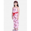 Generic Girl's Polyester Crepe Floral Shoulder Straps Jumpsuit (Pink-Red)