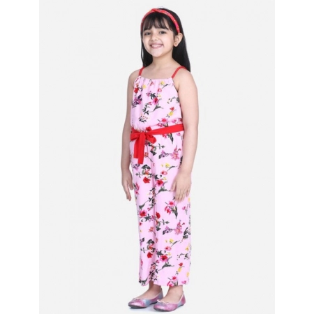 Generic Girl's Polyester Crepe Floral Shoulder Straps Jumpsuit (Pink-Red)