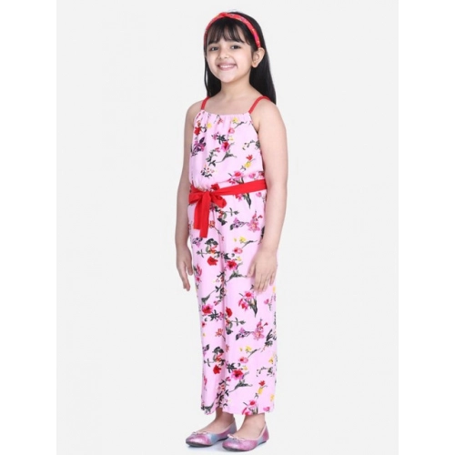 Generic Girl's Polyester Crepe Floral Shoulder Straps Jumpsuit (Pink-Red)
