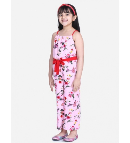 Generic Girl's Polyester Crepe Floral Shoulder Straps Jumpsuit (Pink-Red)