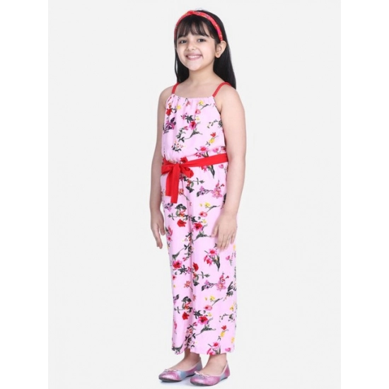 Generic Girl's Polyester Crepe Floral Shoulder Straps Jumpsuit (Pink-Red) Generic Girl's Polyester Crepe Floral Shoulder Straps Jumpsuit (Pink-Red)
