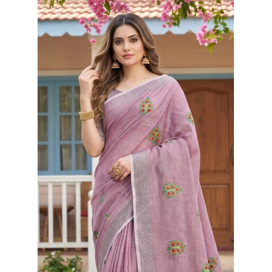 Generic Women's Linen Embroidered Saree With Unstitched Blouse 5.5Mtr (Light Purple) Generic Women's Linen Embroidered Saree With Unstitched Blouse 5.5Mtr (Light Purple)