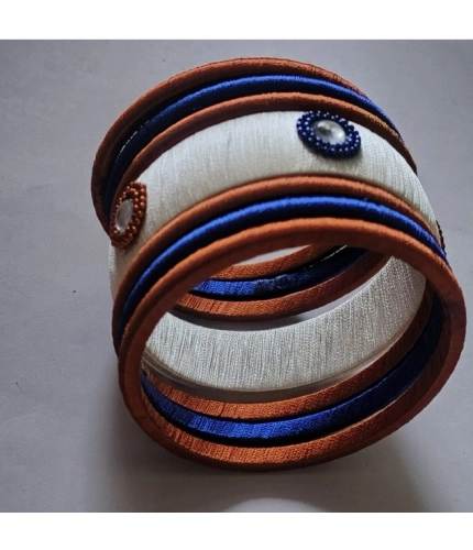 Generic Women's Plastic Silk Thread Bangles (White-Brown-Blue, Size: 2.8)