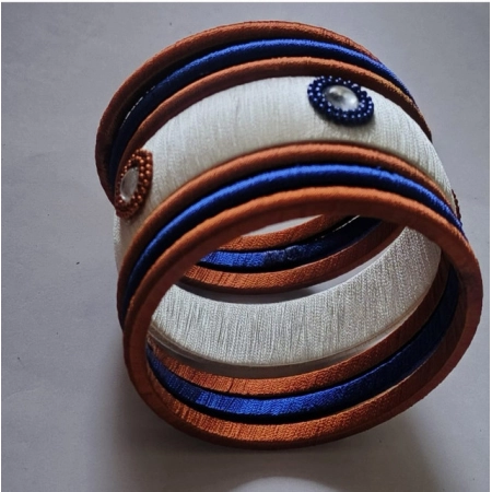 Generic Women's Plastic Silk Thread Bangles (White-Brown-Blue, Size: 2.8)