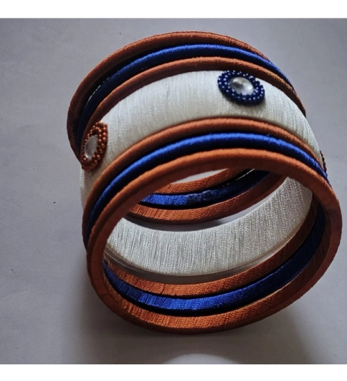 Generic Women's Plastic Silk Thread Bangles (White-Brown-Blue, Size: 2.8)