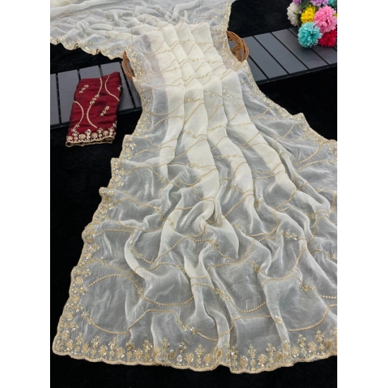 Generic Women's Slik Embellished Saree With Unstitched Blouse 5.5Mtr (White)