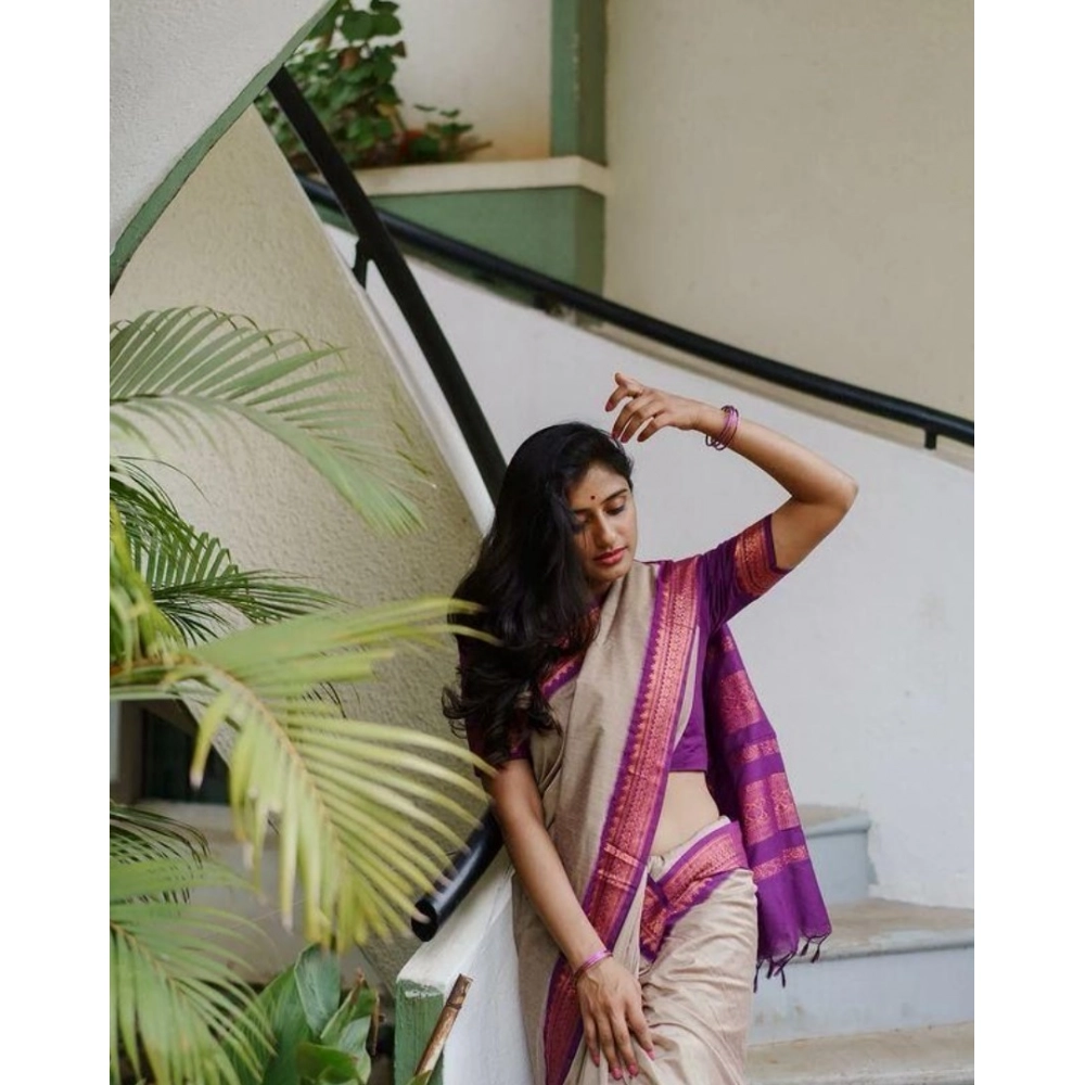 Generic Women's Soft Litchi Silk Jacquard Work Saree With Unstitched Blouse 5.5Mtr (Gray)