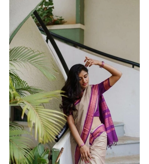 Generic Women's Soft Litchi Silk Jacquard Work Saree With Unstitched Blouse 5.5Mtr (Gray)