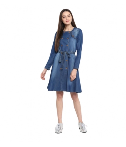 Generic Women's Denim Washed Regular Sleeves Dress (Blue)