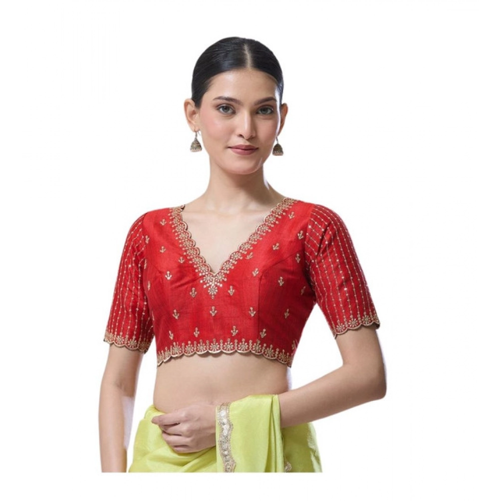 Women's Banarasi Silk Sequence V Neck Non Padded Blouse (Red 38 Ready (Alterable up to 42)