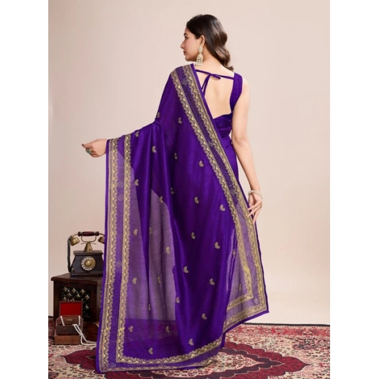 Generic Women's Vichitra Silk Embroidery Work Saree With Unstitched Blouse 5.5Mtr (Purple)