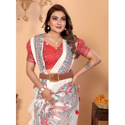Generic Women's Linen Cotton Printed Saree With Unstitched Blouse 5.5Mtr (Off White)