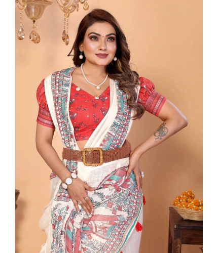 Generic Women's Linen Cotton Printed Saree With Unstitched Blouse 5.5Mtr (Off White)