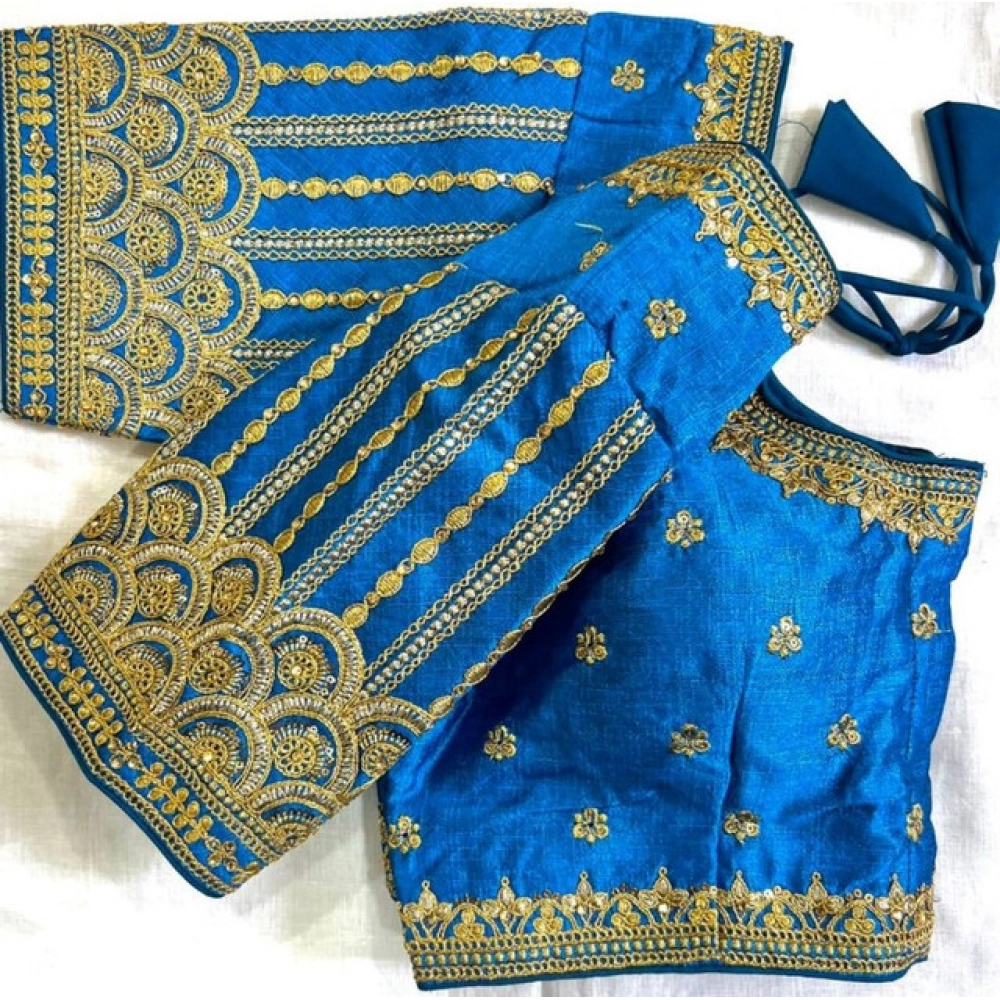 Women's Phantom Silk Embroidered Designer Neck Padded Blouse (Blue 38 Ready (Alterable up to 42)