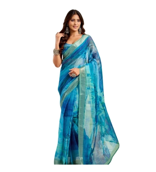 Generic Women's Linen Cotton Printed Ready To Wear Saree With Unstitched Blouse 5.5 Mtr (Blue)