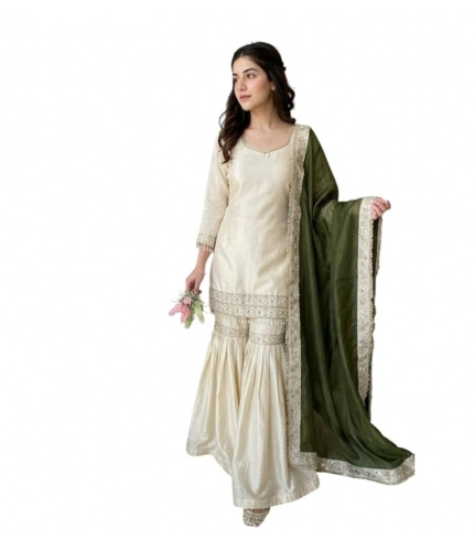 Generic Women's Silk Embroidered 3/4th Sleeve V-Neck Kurti With Sharara Pant and Dupatta Set (Cream &amp; Green)