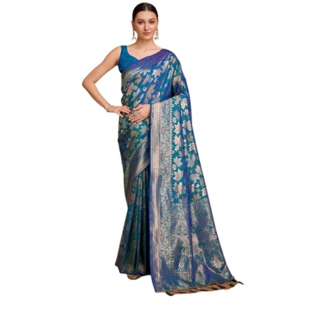 Generic Women's Soft Silk Jacquard Saree With Unstitched Blouse 5.5Mtr (Blue)
