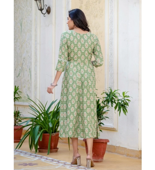 Generic Women's Rayon  Print With Embroidery Work A-Line Kurti (Green)