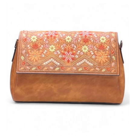 Generic Women's Polyurethane Floral Embroidered Crossbody Sling Bag with Adjustable &amp; Removable Strap (Tan)