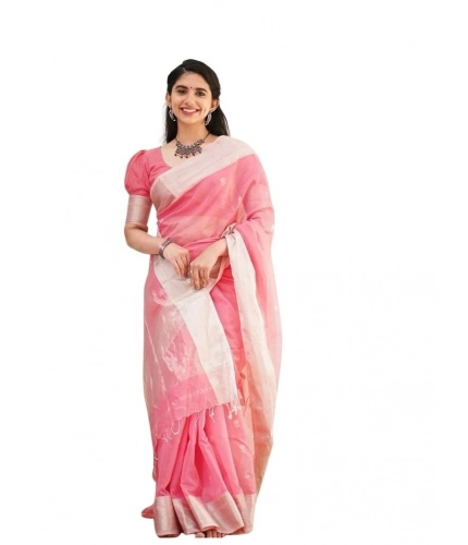 Generic Women's Soft Lichi Silk Printed Saree With Unstitched Blouse 5.5Mtr (Pink)