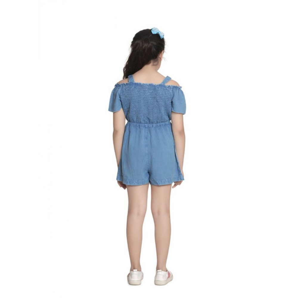 Generic Girl's Rayon Solid Sleeveless Jumpsuit (Blue)