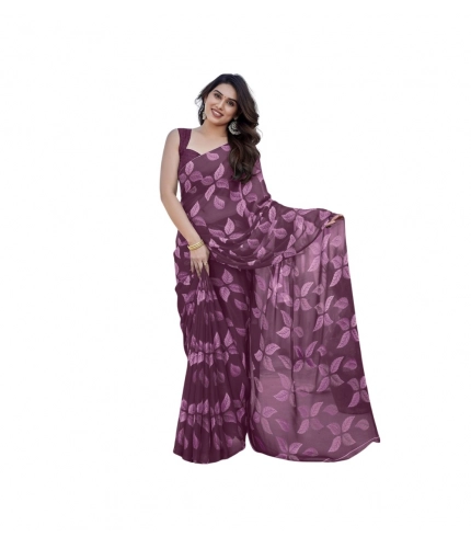 Generic Women's Chiffon Printed Saree With Unstitched Blouse 5.5Mtr (Purple)