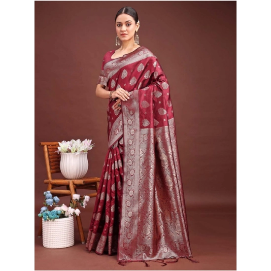 Generic Women's Banarasi Silk Printed Saree With Unstitched Blouse 5.5Mtr (Maroon)