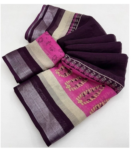 Generic Women's Cotton Linen Printed Saree With Unstitched Blouse 5.5Mtr (Wine)