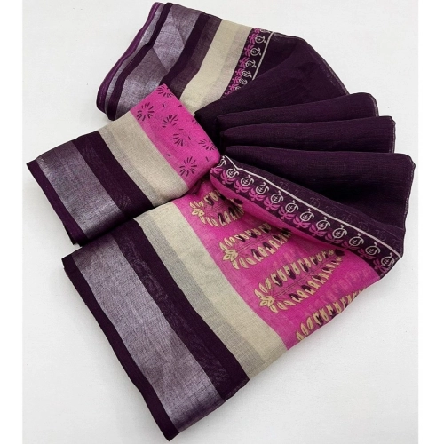 Generic Women's Cotton Linen Printed Saree With Unstitched Blouse 5.5Mtr (Wine)