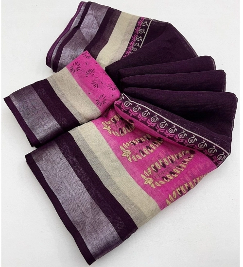 Generic Women's Cotton Linen Printed Saree With Unstitched Blouse 5.5Mtr (Wine)