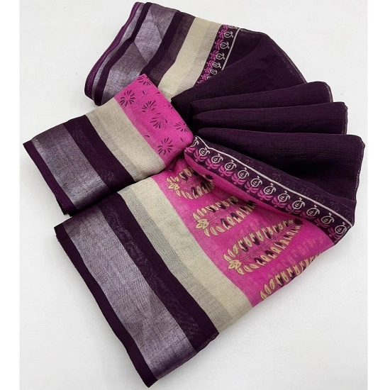Generic Women's Cotton Linen Printed Saree With Unstitched Blouse 5.5Mtr (Wine)