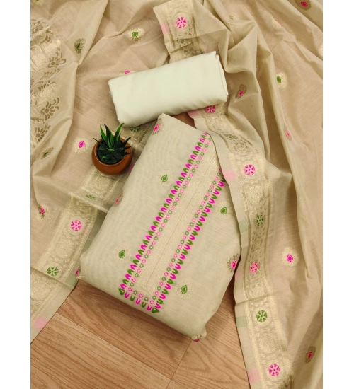 Generic Women's Banarasi Silk Printed Unstitched Salwar Suit Material With Dupatta (Cream, 3Mtrs)