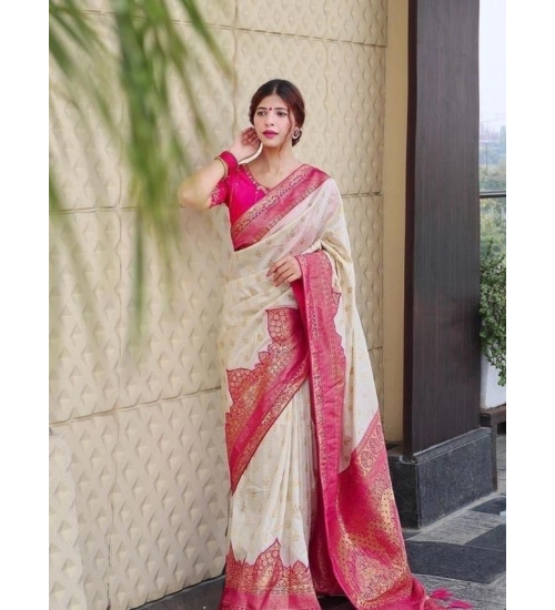 Generic Women's Litchi silk Printed Saree With Unstitched Blouse (Half White)