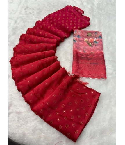 Generic Women's Printed Brasso Saree With Unstitched Blouse (Red, 5-6 Mtrs)