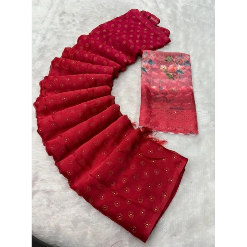 Women's Printed Brasso Saree With Unstitched Blouse (Red, 5-6 Mtrs)