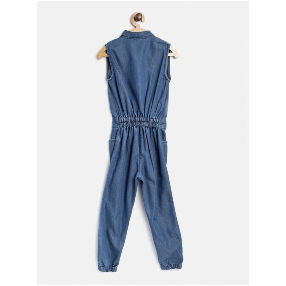 Generic Girl's Denim Embellished Sleeveless Jumpsuit (Blue) Generic Girl's Denim Embellished Sleeveless Jumpsuit (Blue)